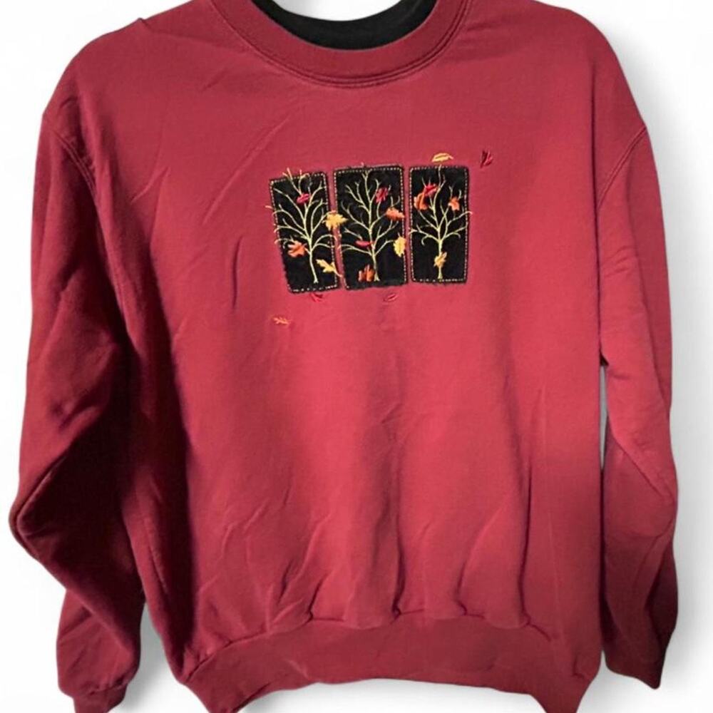 Vintage large 90s crewneck double neck sweatshirt w embroidered autumn leaves